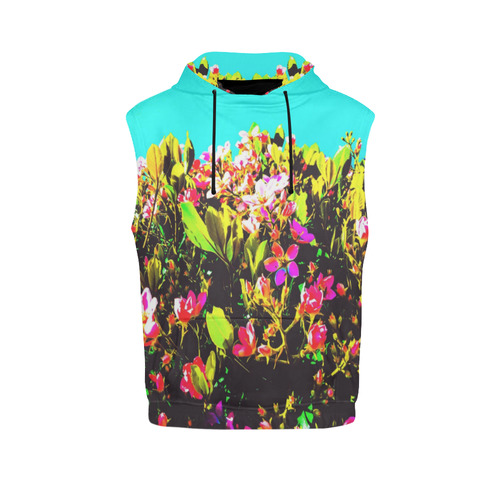 pink flowers with green leaves and blue background All Over Print Sleeveless Hoodie for Men (Model H15)