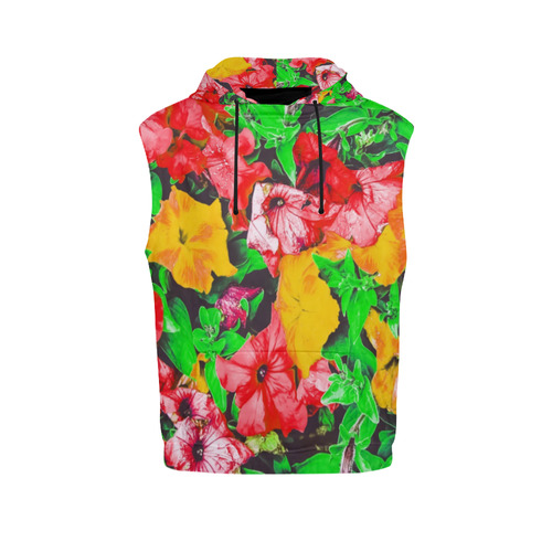 closeup flower abstract background in pink red yellow with green leaves All Over Print Sleeveless Hoodie for Men (Model H15)
