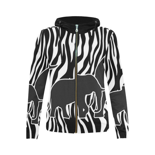 ELEPHANTS to ZEBRA stripes black & white All Over Print Full Zip Hoodie for Women (Model H14)