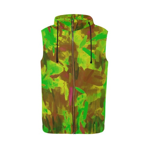 camouflage painting texture abstract background in green yellow brown All Over Print Sleeveless Zip Up Hoodie for Men (Model H16)