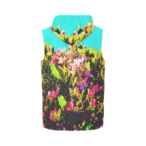 pink flowers with green leaves and blue background All Over Print Sleeveless Zip Up Hoodie for Men (Model H16)