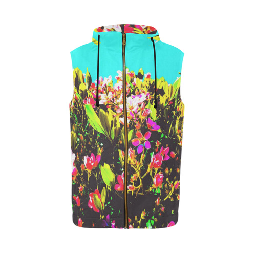 pink flowers with green leaves and blue background All Over Print Sleeveless Zip Up Hoodie for Men (Model H16)