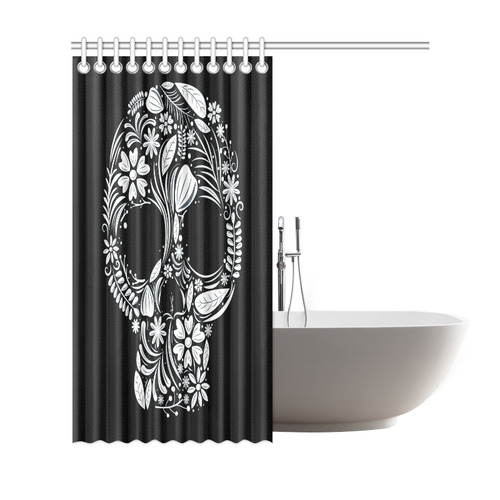 White Floral Dia de los Muertos Skull Shower Curtain 69"x72"