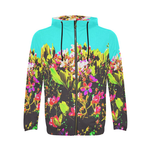 pink flowers with green leaves and blue background All Over Print Full Zip Hoodie for Men (Model H14)