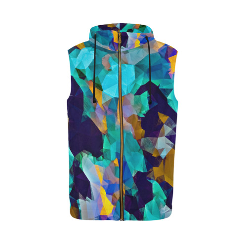 psychedelic geometric polygon abstract pattern in green blue brown yellow All Over Print Sleeveless Zip Up Hoodie for Men (Model H16)