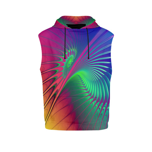 PSYCHEDELIC FRACTAL SPIRAL - Neon Colored All Over Print Sleeveless Hoodie for Women (Model H15)