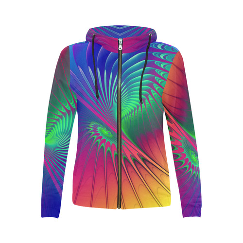 PSYCHEDELIC FRACTAL SPIRAL - Neon Colored All Over Print Full Zip Hoodie for Women (Model H14)