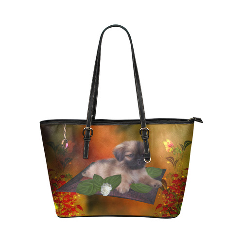 Cute lttle pekinese, dog Leather Tote Bag/Large (Model 1651)