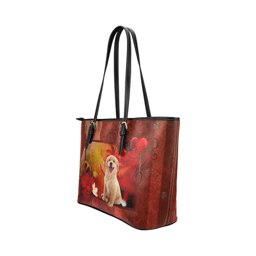 Sweet golden retriever Leather Tote Bag/Small (Model 1651)