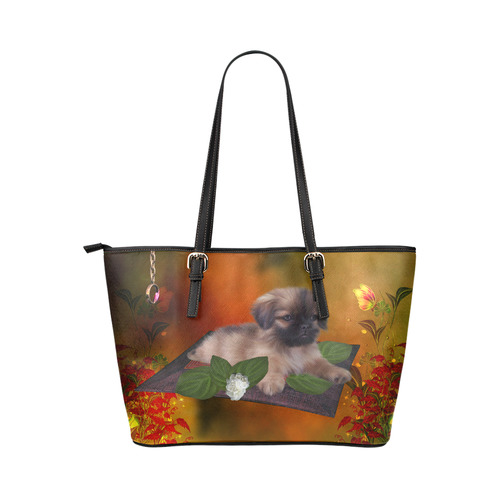 Cute lttle pekinese, dog Leather Tote Bag/Small (Model 1651)