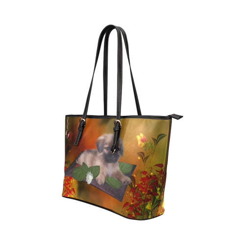 Cute lttle pekinese, dog Leather Tote Bag/Large (Model 1651)