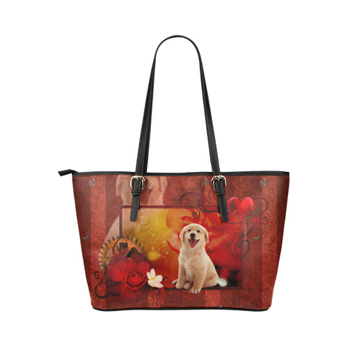 Sweet golden retriever Leather Tote Bag/Small (Model 1651)