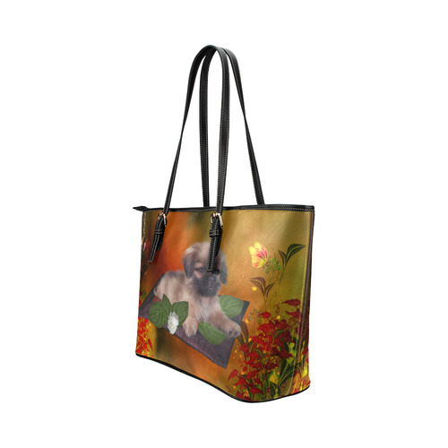 Cute lttle pekinese, dog Leather Tote Bag/Large (Model 1651)