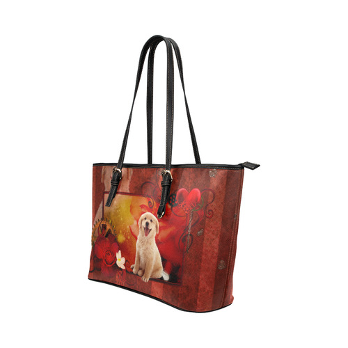 Sweet golden retriever Leather Tote Bag/Large (Model 1651)