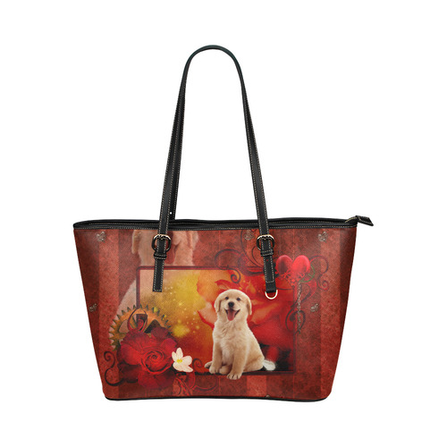 Sweet golden retriever Leather Tote Bag/Large (Model 1651)