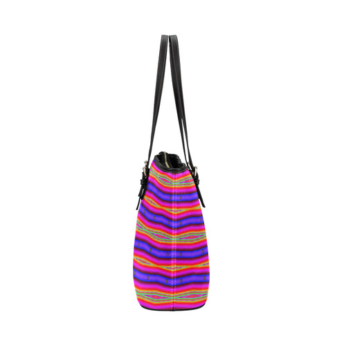 Bright Pink Purple Stripe Abstract Leather Tote Bag/Small (Model 1651)