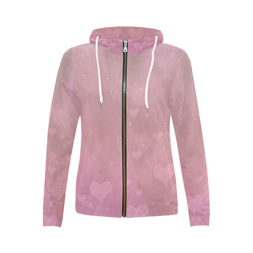 Romantic Hearts In Pink All Over Print Full Zip Hoodie for Women (Model H14)