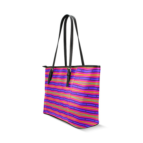 Bright Pink Purple Stripe Abstract Leather Tote Bag/Small (Model 1640)