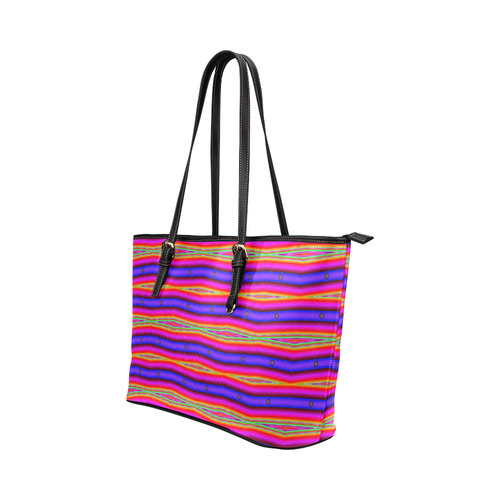 Bright Pink Purple Stripe Abstract Leather Tote Bag/Small (Model 1651)