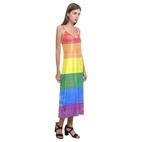 Rainbow Flag Colored Stripes Grunge V-Neck Open Fork Long Dress(Model D18)