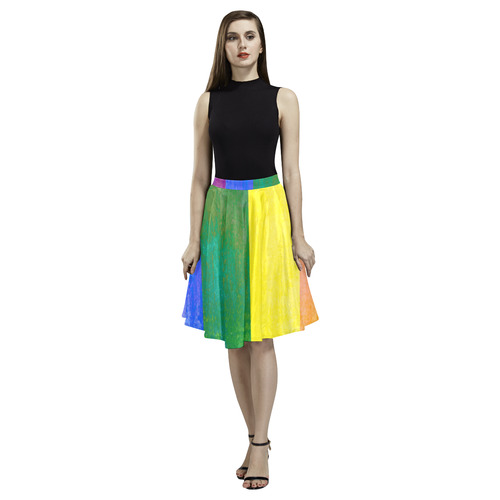 Rainbow Flag Colored Stripes Grunge Melete Pleated Midi Skirt (Model D15)