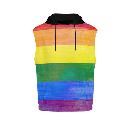 Rainbow Flag Colored Stripes Grunge All Over Print Sleeveless Hoodie for Women (Model H15)