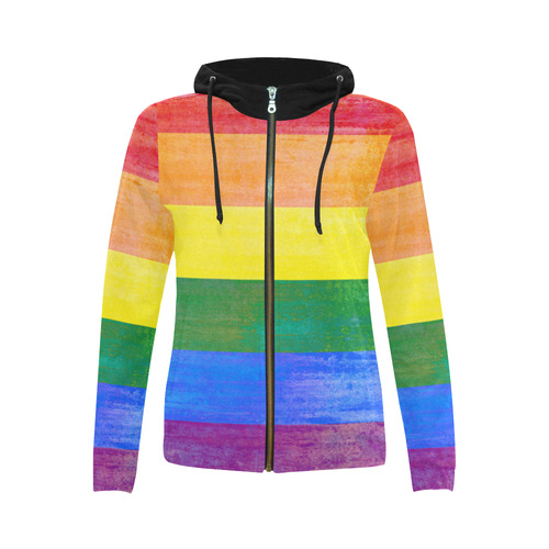 Rainbow Flag Colored Stripes Grunge All Over Print Full Zip Hoodie for Women (Model H14)