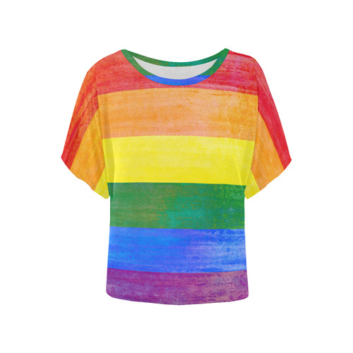 Rainbow Flag Colored Stripes Grunge Women's Batwing-Sleeved Blouse T shirt (Model T44)