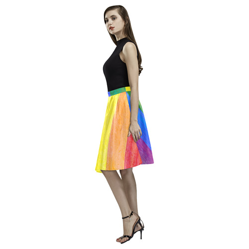 Rainbow Flag Colored Stripes Grunge Melete Pleated Midi Skirt (Model D15)