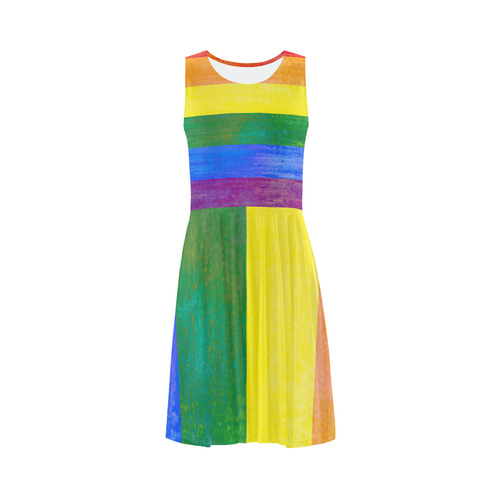 Rainbow Flag Colored Stripes Grunge Sleeveless Ice Skater Dress (D19)