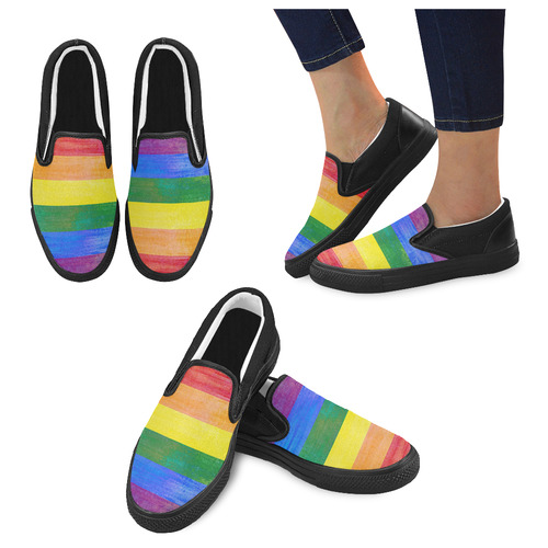Rainbow Flag Colored Stripes Grunge Women's Unusual Slip-on Canvas Shoes (Model 019)