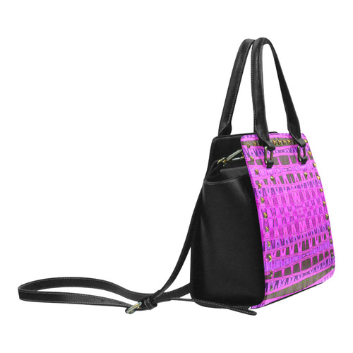 Bright Pink Black Abstract Pattern Rivet Shoulder Handbag (Model 1645)