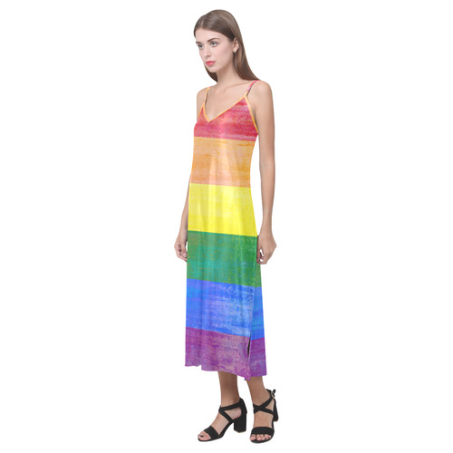 Rainbow Flag Colored Stripes Grunge V-Neck Open Fork Long Dress(Model D18)