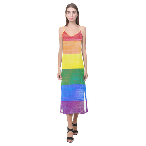 Rainbow Flag Colored Stripes Grunge V-Neck Open Fork Long Dress(Model D18)