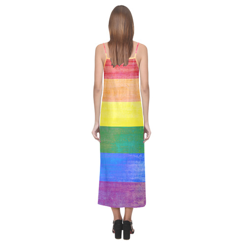 Rainbow Flag Colored Stripes Grunge V-Neck Open Fork Long Dress(Model D18)