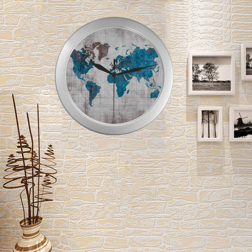 world map Silver Color Wall Clock