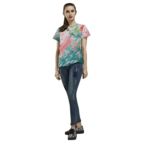 Pink Roses Garden Floral All Over Print T-Shirt for Women (USA Size) (Model T40)