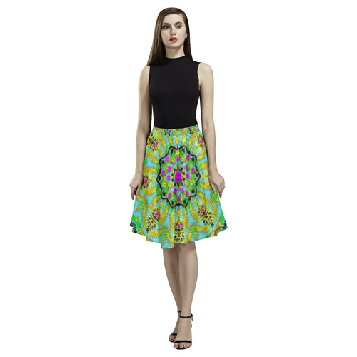 Golden star mandala in fantasy cartoon style Melete Pleated Midi Skirt (Model D15)