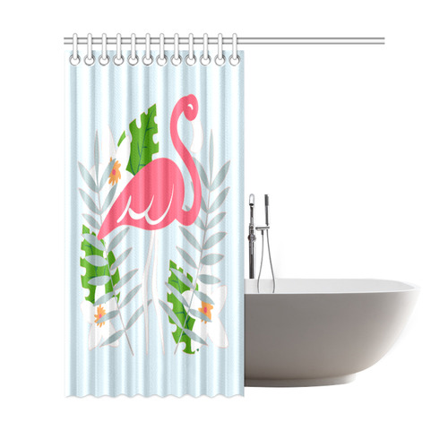 Flamingo Tropical Floral Blue Background Shower Curtain 69"x72"