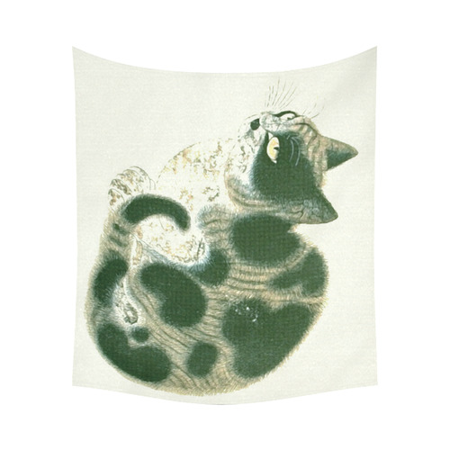 Tabby Cat Vintage Chinese Painting Cotton Linen Wall Tapestry 60"x 51"