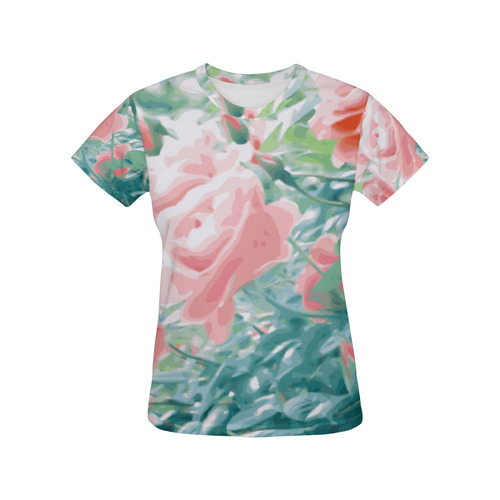 Pink Roses Garden Floral All Over Print T-Shirt for Women (USA Size) (Model T40)