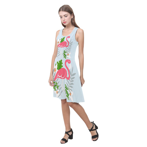 Flamingo Tropical Floral Blue Background Atalanta Casual Sundress(Model D04)