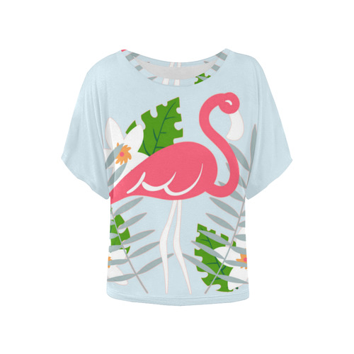 Flamingo Tropical Floral Blue Background Women's Batwing-Sleeved Blouse T shirt (Model T44)