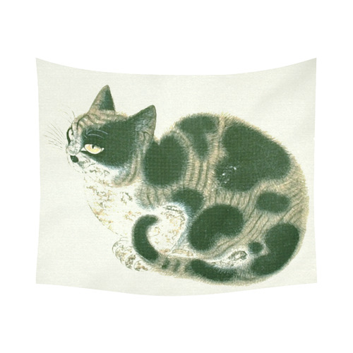Tabby Cat Vintage Chinese Painting Cotton Linen Wall Tapestry 60"x 51"