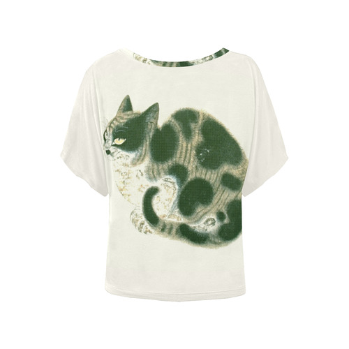 Tabby Cat Vintage Chinese Painting Women's Batwing-Sleeved Blouse T shirt (Model T44)