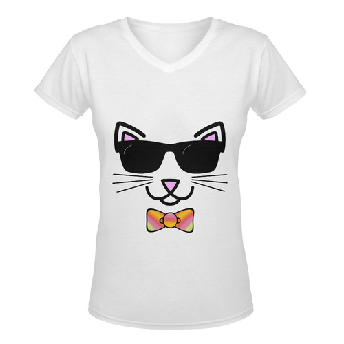 Cool Cat Wearing Bow Tie and Sunglasses Women's Deep V-neck T-shirt (Model T19)