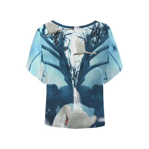 Beautiful swan with waterfalls Women's Batwing-Sleeved Blouse T shirt (Model T44)