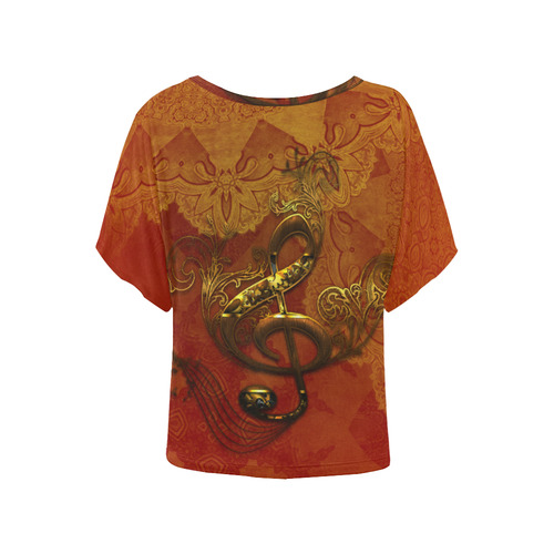 Music, clef in golden metal Women's Batwing-Sleeved Blouse T shirt (Model T44)