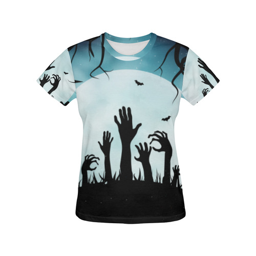 Scary Spooky Halloween Graveyard Hands All Over Print T-Shirt for Women (USA Size) (Model T40)