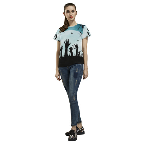 Scary Spooky Halloween Graveyard Hands All Over Print T-Shirt for Women (USA Size) (Model T40)